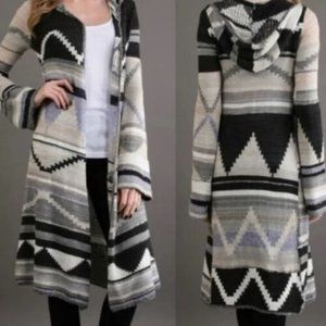 Free People Lima Aztec Hooded Duster Cardigan Lightweight Ivory/Black S